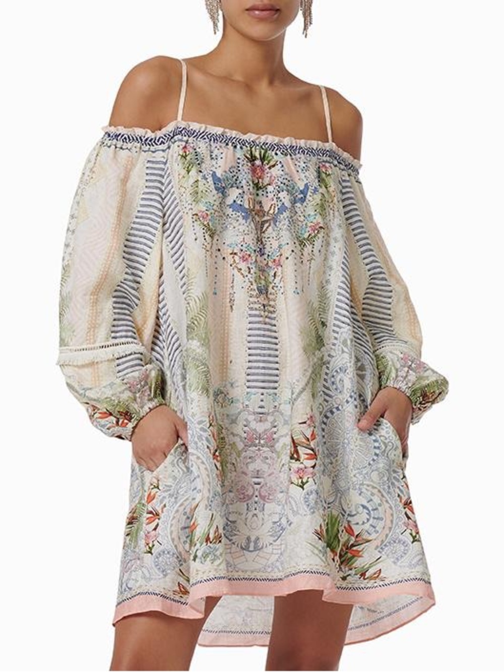 Camilla ivory pastel off shoulder linen rhinestone balloon sleeve dress S